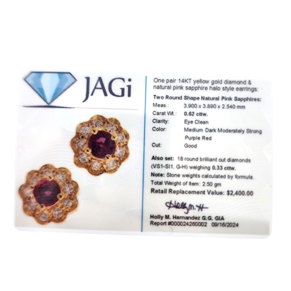 14 Karat Yellow Gold Diamond & Natural Pink Sapphire Halo Stud Earrings #19021 - Picture 8 of 8